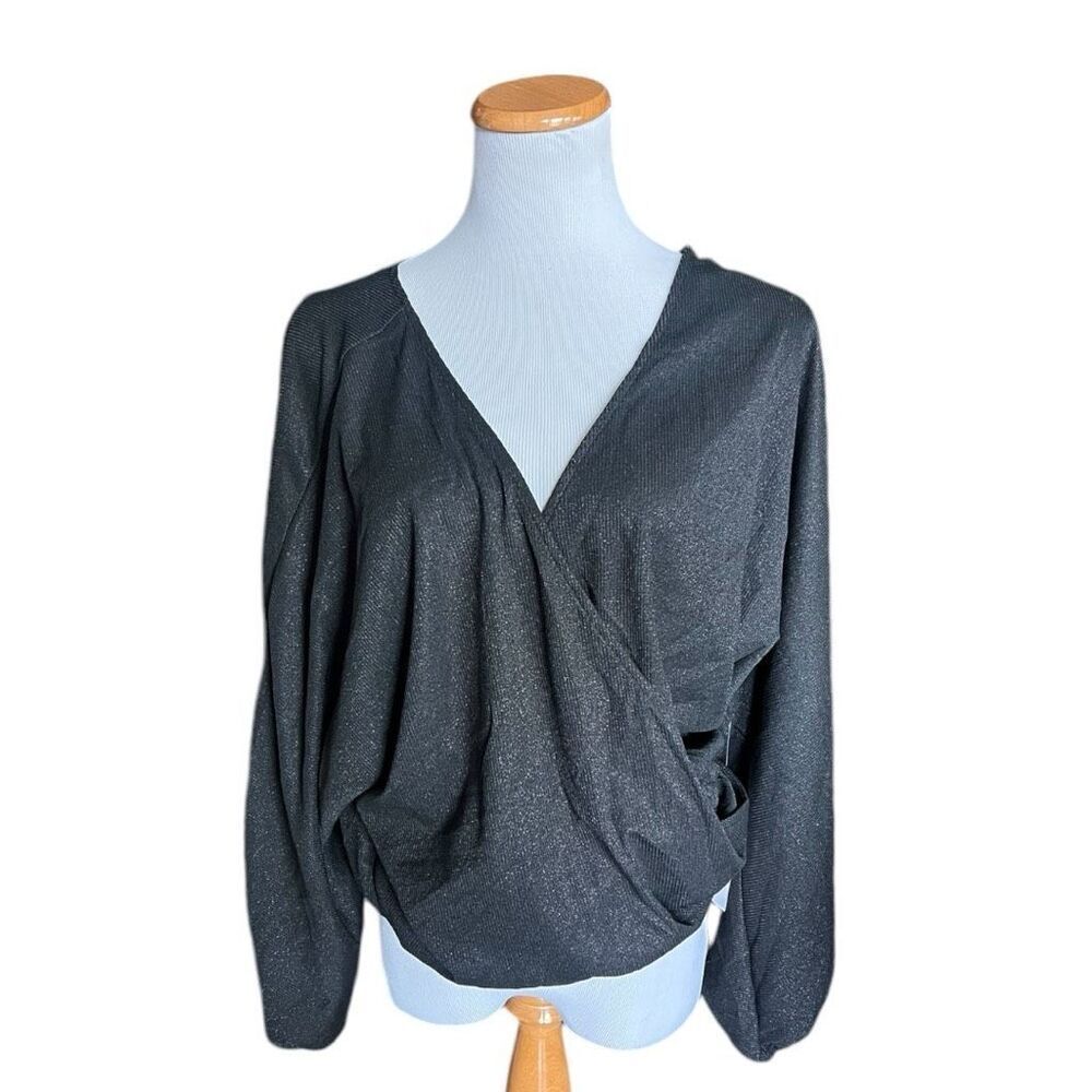 NWT Womens Just Fab JustFab Metallic Shimmer Black Ribbed Faux Wrap Top Blouse M